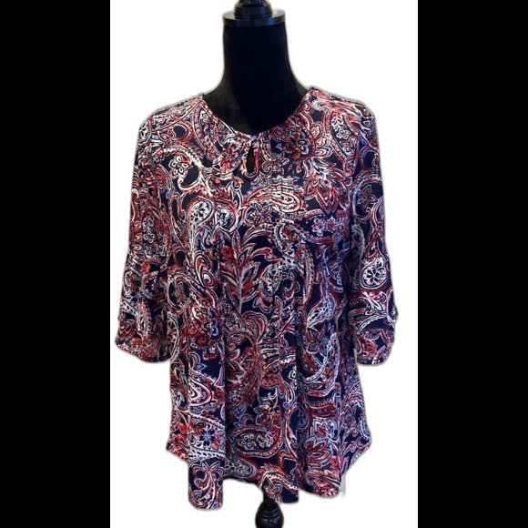Roz & Ali Blouse Size Large Navy Red Paisley + Stretch Bell Sleeves Casual Top - Picture 1 of 11
